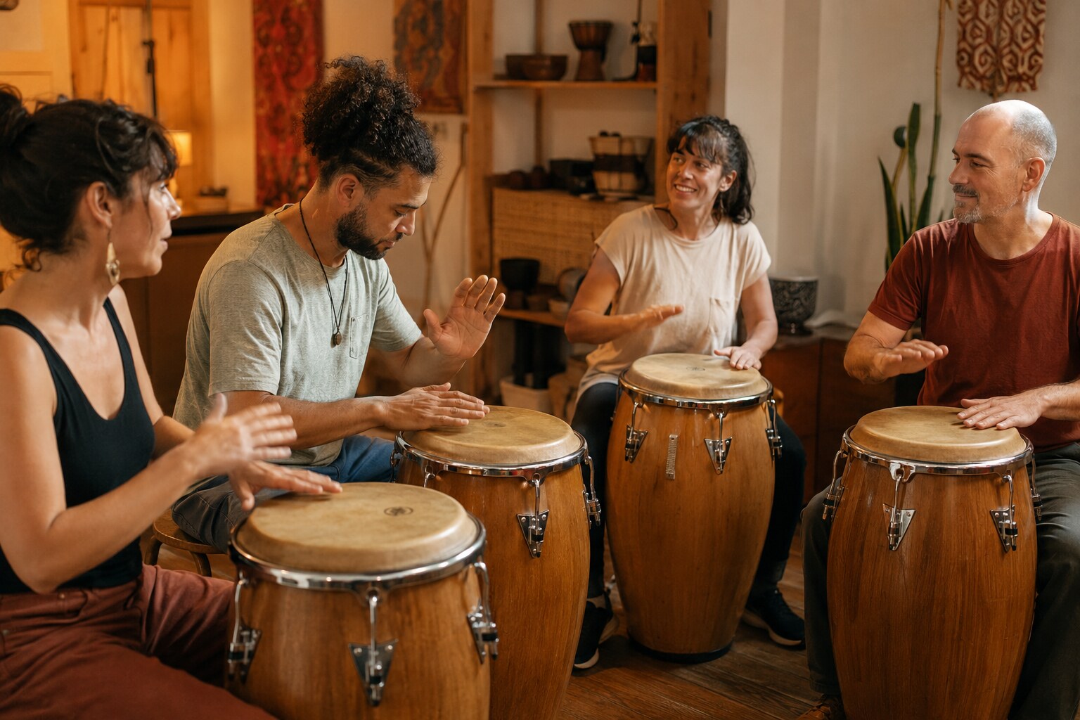 Grupo de alumnos tocando congas en una clase de percusión cubana